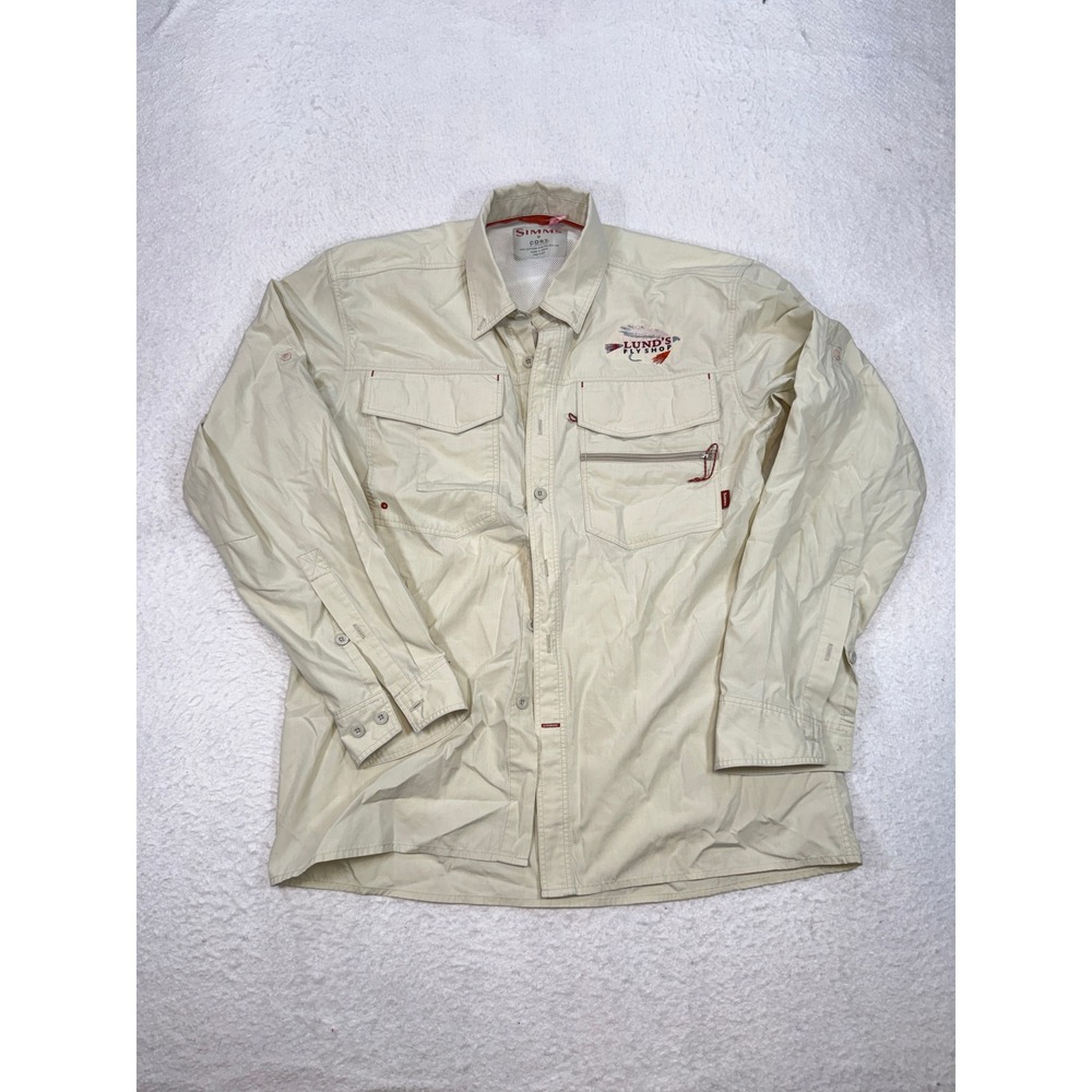 Simms Mens COR3 Fishing Shirt Long Sleeve Tan Lunds Fly Shop Embroidery Medium